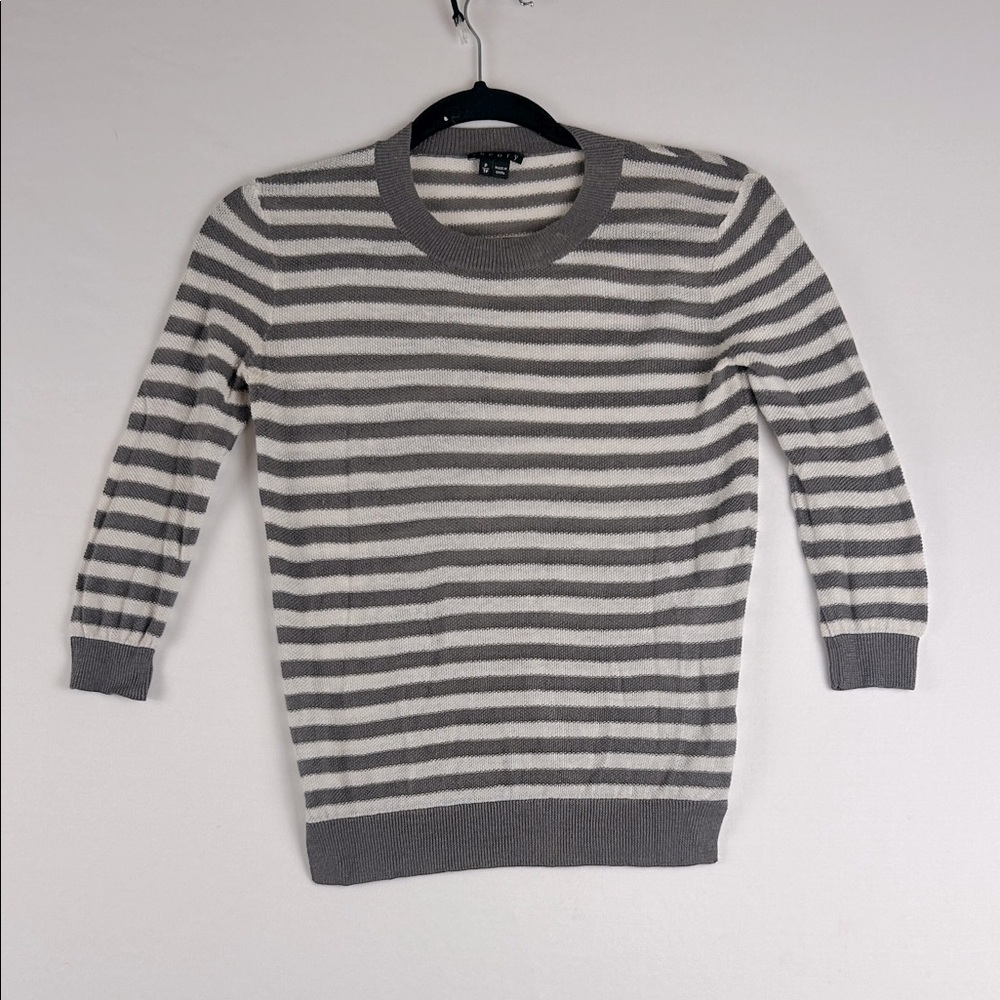 Theory Striped Gray White 3/4 Sleeve Crew Neck Top Sweater Women’s Size P/TP